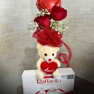Arranjo com 2 Rosas Vermelhas + Pelúcia + Balão + Raffaello (9 unidades)