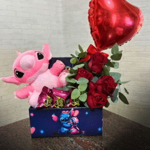 Box Lilo & Stitch – 4 Rosas Vermelhas + Pelúcia + Balão + Sonho de Vals