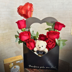 Envelope com 7 Rosas + Pelúcia + Balão + Ferrero Rocher (4 unidades)